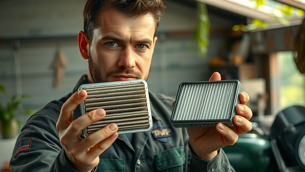 motorcycle air filter spring maintenance, mechanic comparing clean and dirty air filters, open-air shop, soft natural light, pollen in air