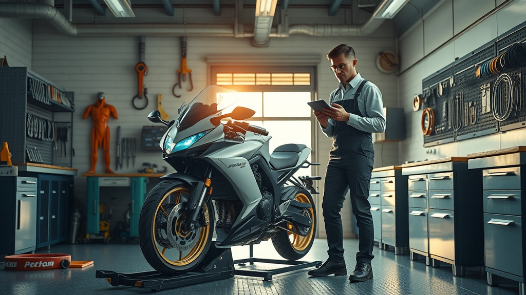 advanced motorcycle maintenance spring checklist, owner with digital tablet, sci-fi garage, morning sunlight