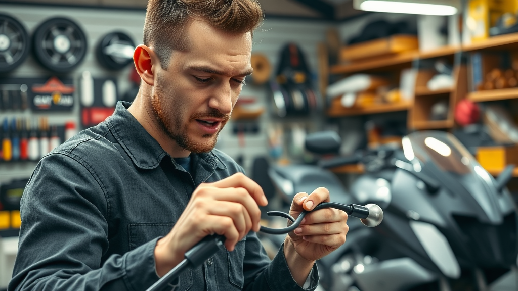 dynamic power sport mechanic inspecting motorcycle parts in a local shop with motorcycles and parts in the background