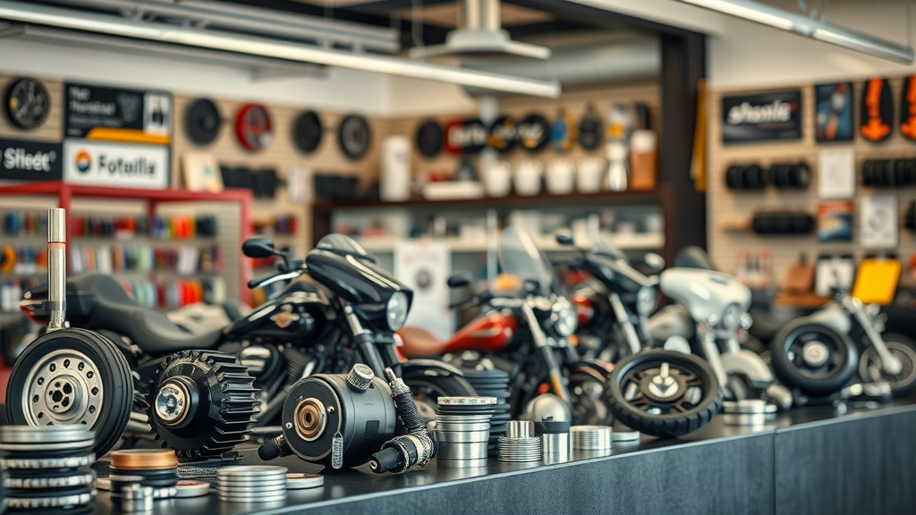premium motorcycle parts power sport display counter at a local dealership with labels and parts textures
