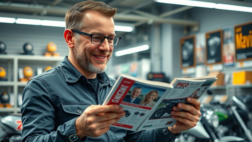 analytical motorcycle enthusiast comparing motorcycle parts brochures inside a modern motorcycle shop with price tags visible
