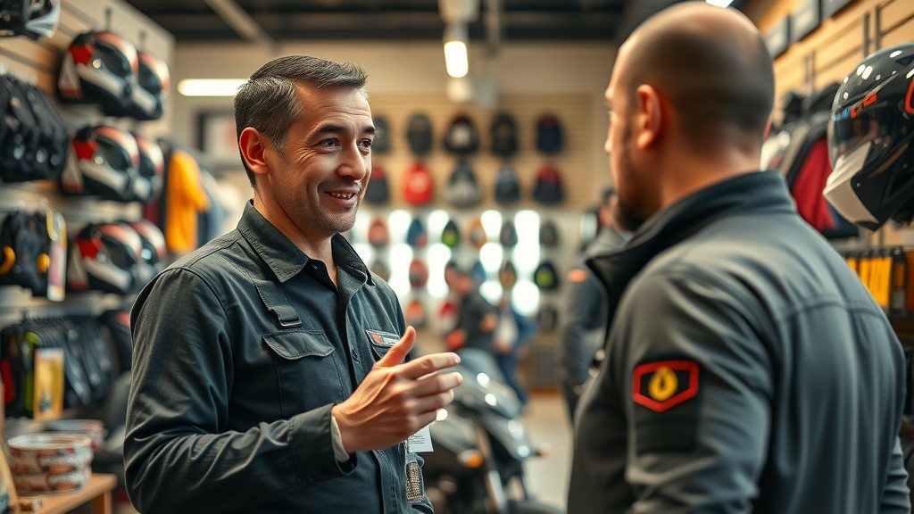 staff member assisting a customer in a well-organized motorcycle gear power sport section