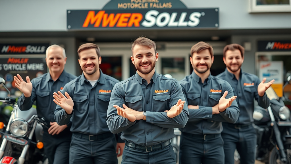professional power sport team with welcoming expressions standing in front of their motorcycle shop