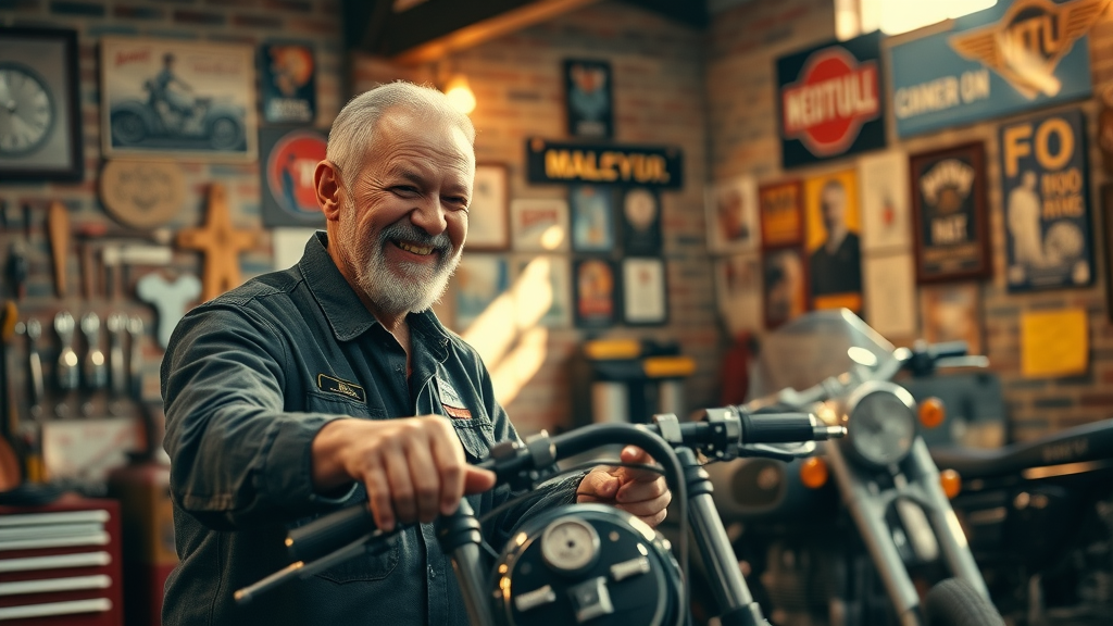 nostalgic vintage motorcycle garage, seasoned mechanic inspecting an old school motorcycle, classic brick walls with vintage tools and posters, sunlight streaming through, old school motorcycle carburetor cleaning
