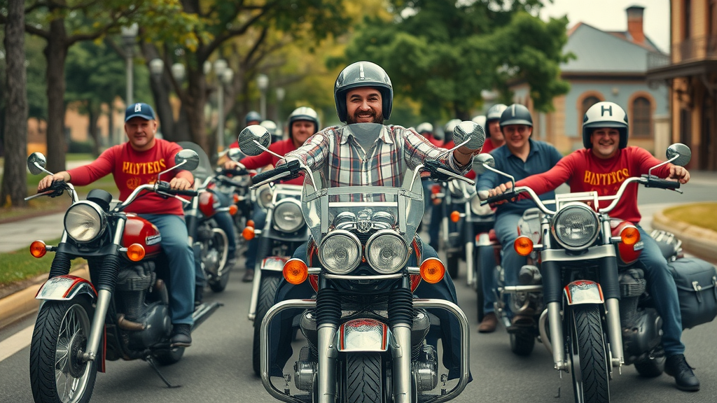 characterful old school motorcycle lineup, proud riders, outdoor setting, historic buildings, highly detailed chrome on old school motorcycles