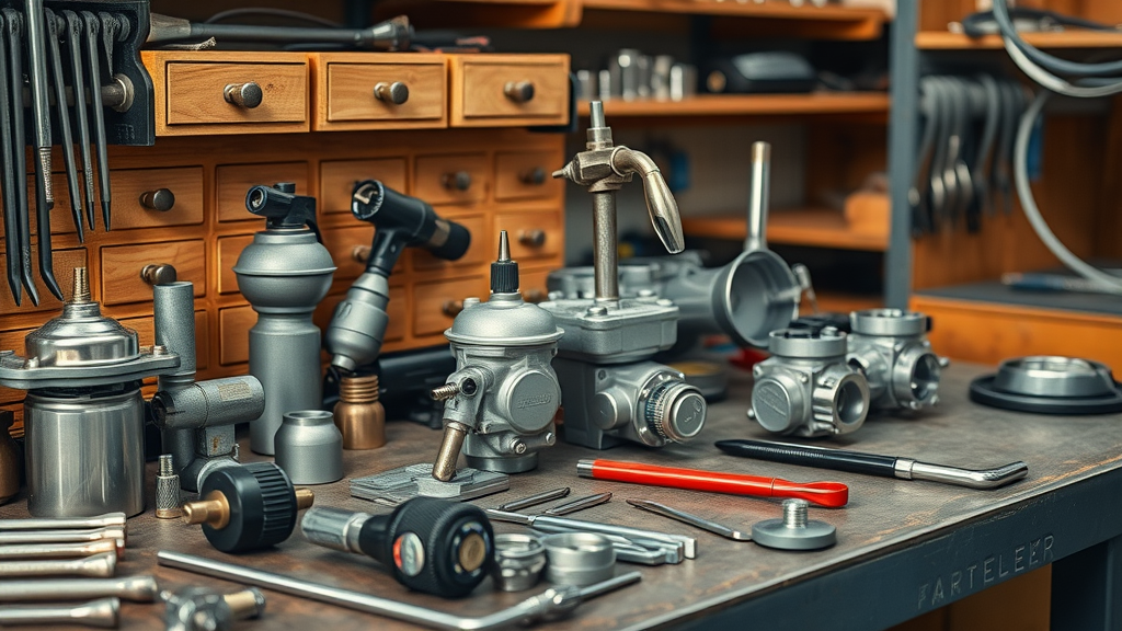 organized motorcycle maintenance workspace, assorted carburetor cleaning tools and kits, carburetor cleaner spray, gasket kits, classic bike carburetor repair tools