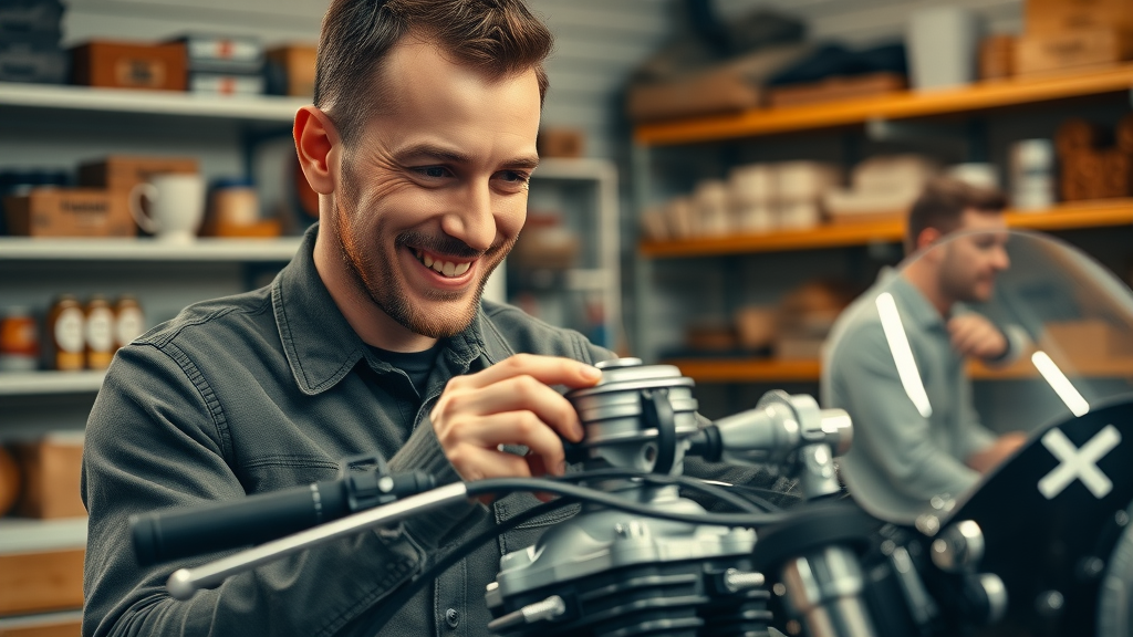 meticulous motorcyclist polishing clean carburetor, classic garage, old school motorcycle maintenance success
