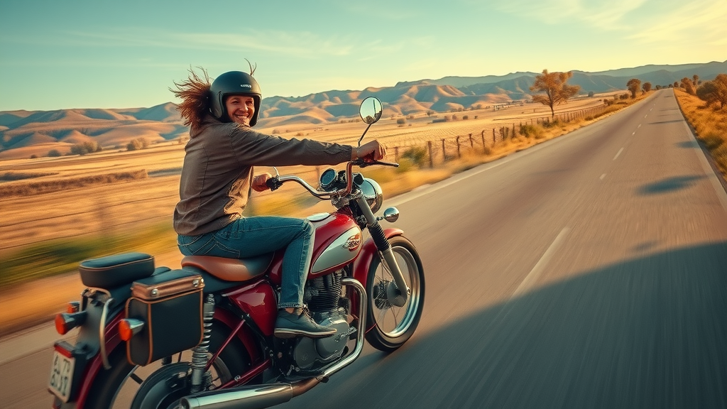 timeless vintage motorcycle rider on scenic open road, joyful confident classic motorcycle ride, golden hour