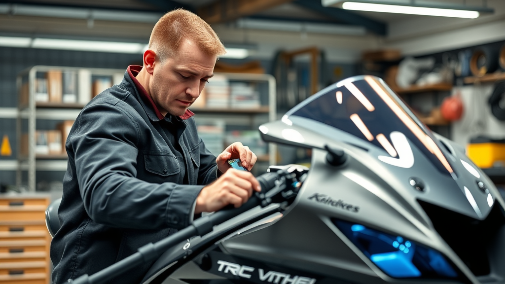 motorcycle ecu tuning technician adjusting diagnostic tool in high-end garage