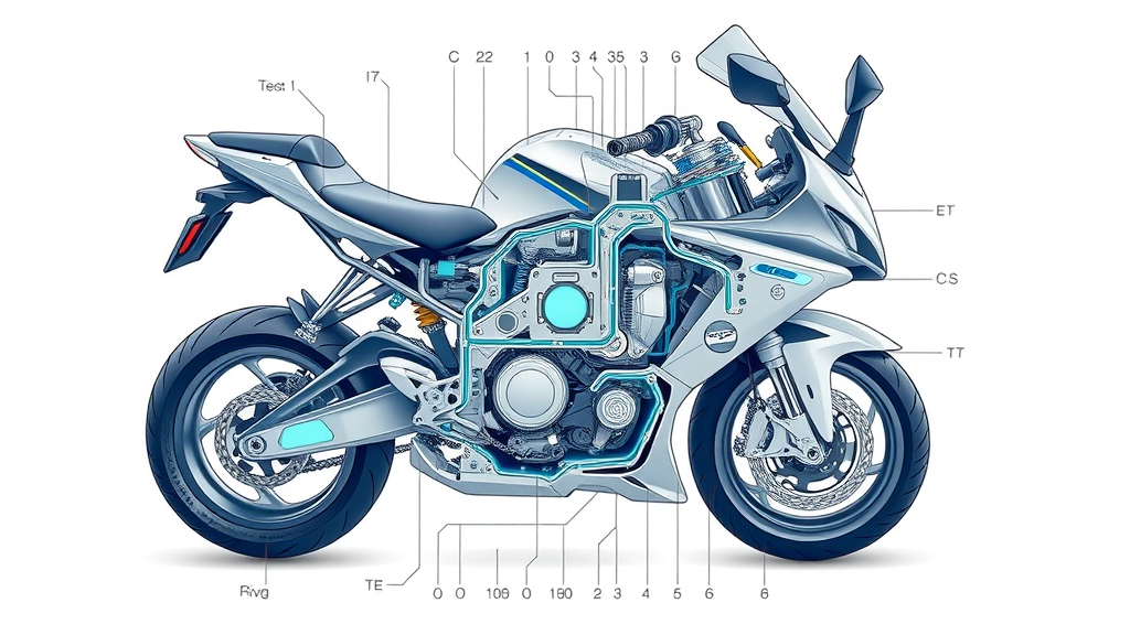 motorcycle ecu system cutaway schematic with components and technical illustration