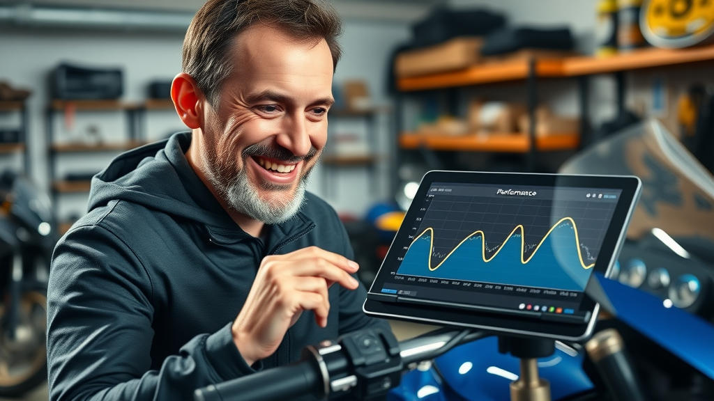 satisfied motorcycle owner checking performance chart after ecu tuning in home garage