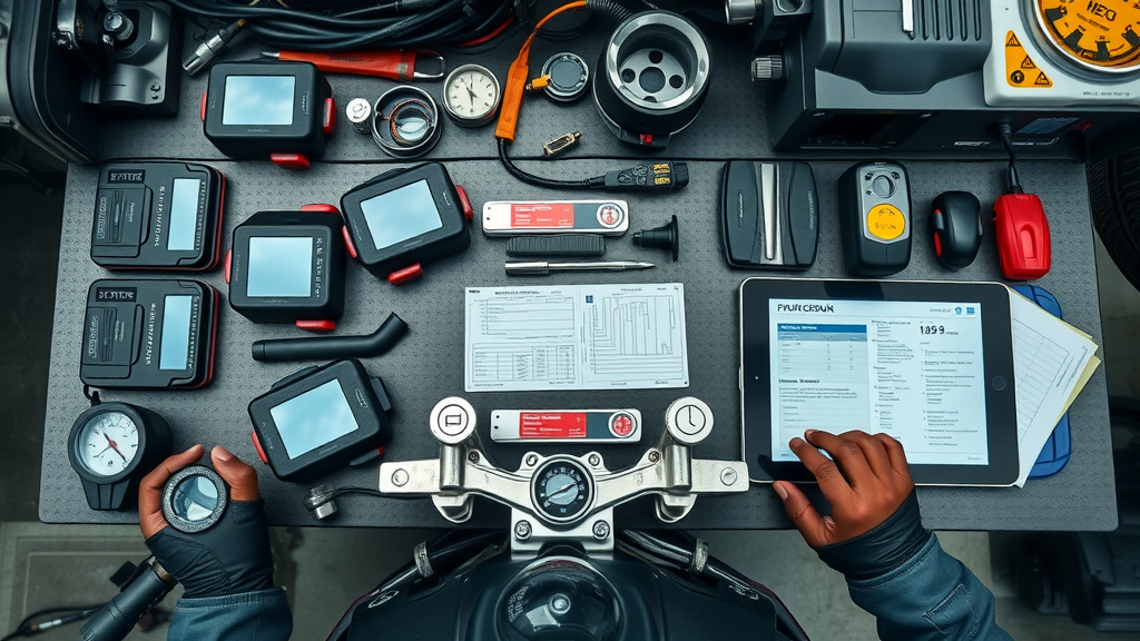 motorcycle ecu modules and tools on mechanic workbench with tuning checklist
