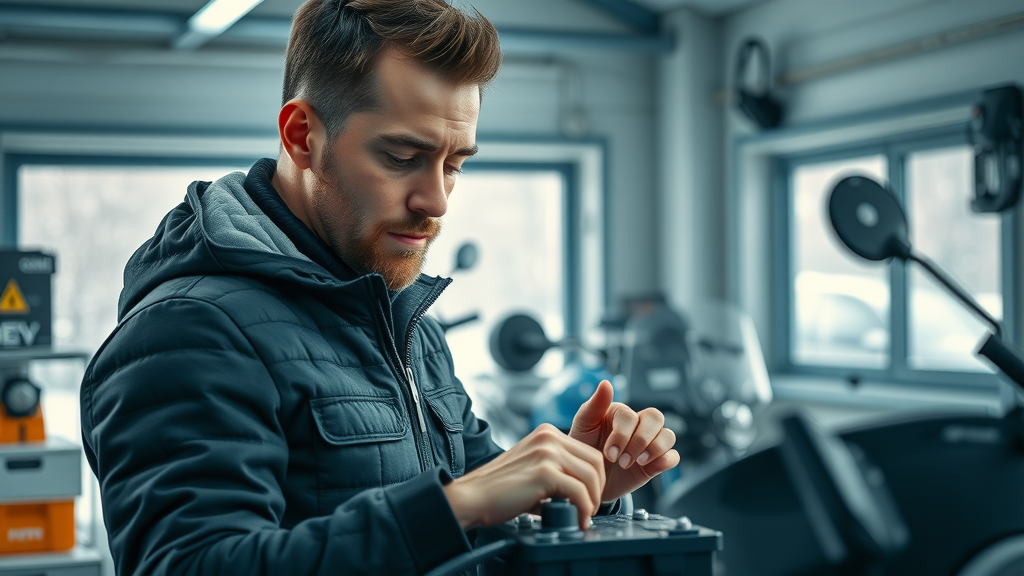 Modern motorcycle garage in winter, rider inspects battery for battery maintenance motorcycle reliability