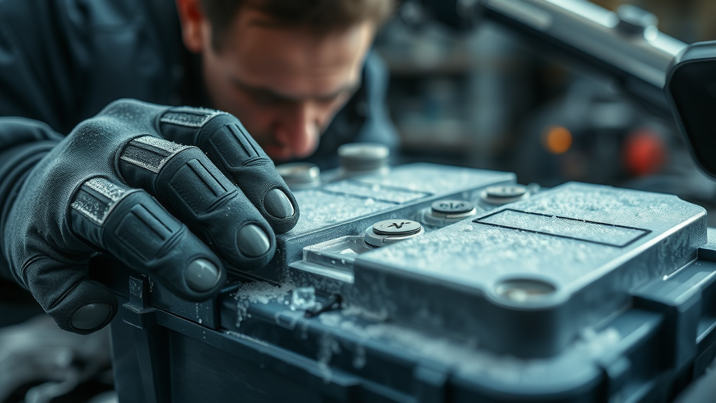 Technical inspection of frosty motorcycle battery by technician for winter battery maintenance motorcycle