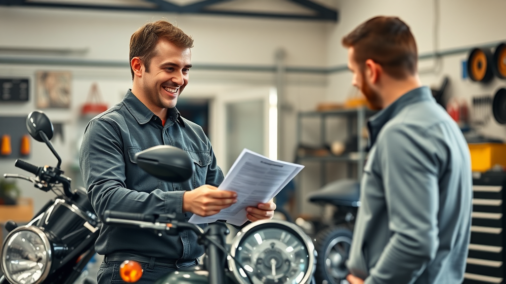 Motorcycle service technician hands checklist to customer for battery maintenance motorcycle service