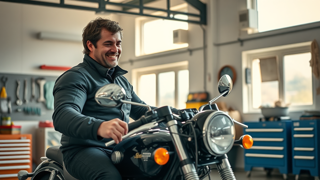 classic motorcycle in a clean garage, rider inspecting the bike for spring motorcycle startup checklist, bright morning light, organized workshop