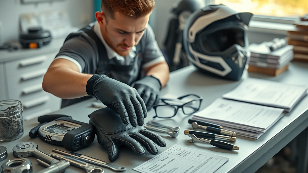 motorcycle maintenance tools kit for spring startup, checklist, safety glasses, and helmet on workbench