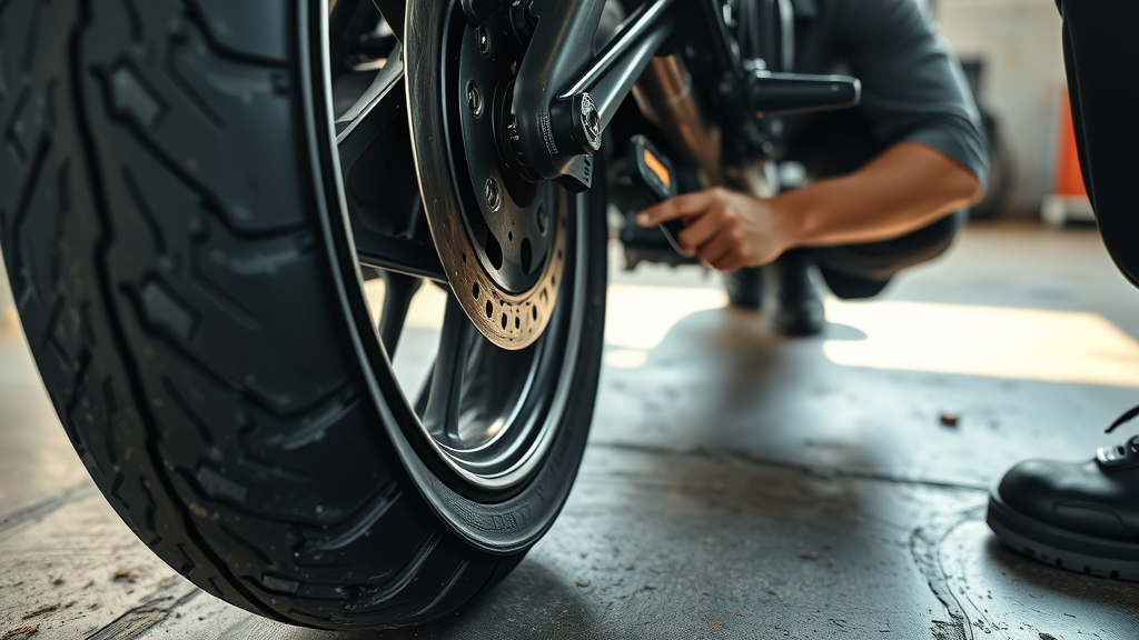 motorcycle tire tread check by technician, digital gauge, spring motorcycle startup checklist, detailed chrome wheel