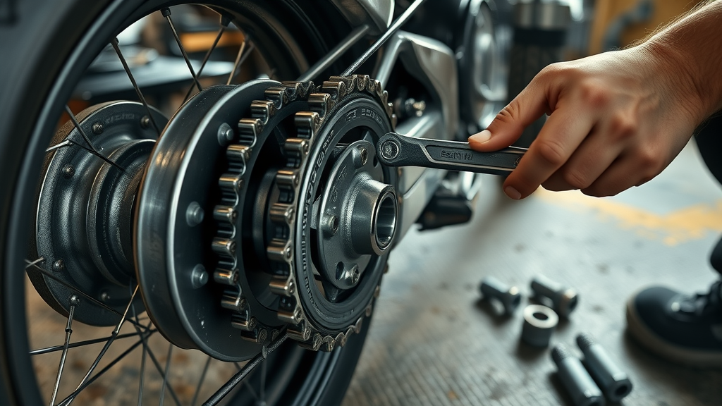 closeup motorcycle chain and rear sprocket maintenance check, technician inspecting tension, detailed for spring startup checklist