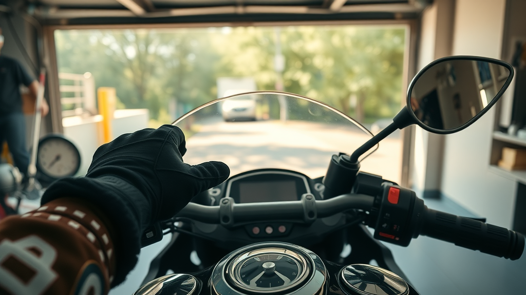 motorcycle cockpit with rider adjusting brake lever as part of spring motorcycle startup checklist, dashboard lights illuminated
