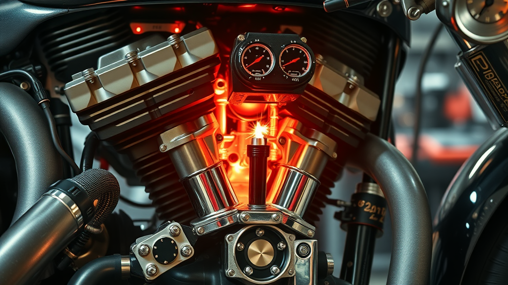 energetic motorcycle engine closeup glowing fuel injectors volumetric efficiency fuel injection tuning
