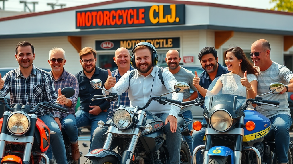 group diverse motorcyclists happy successful fuel injection tuning results