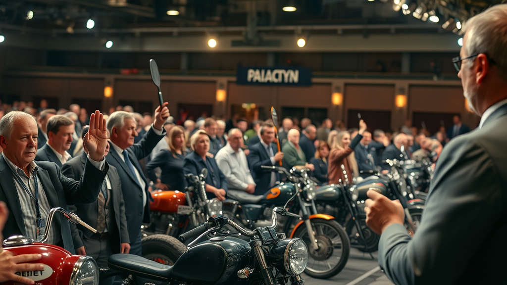 exclusive motorcycle auction vintage motorcycles private event bidders under spotlights