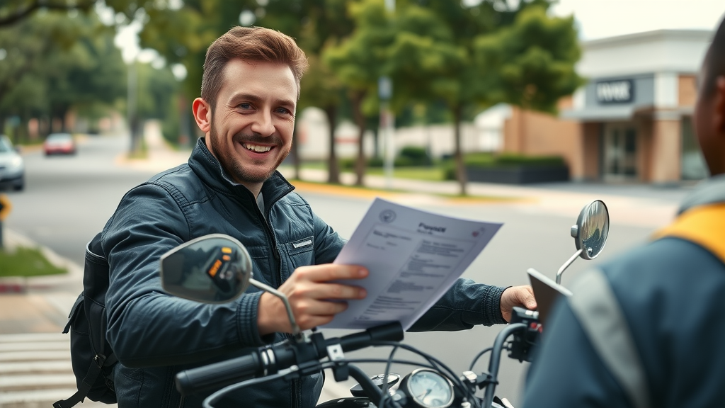 motorcycle safety inspection in northwest chicago suburbs - confident motorcycle rider handing documents to inspector in suburban area