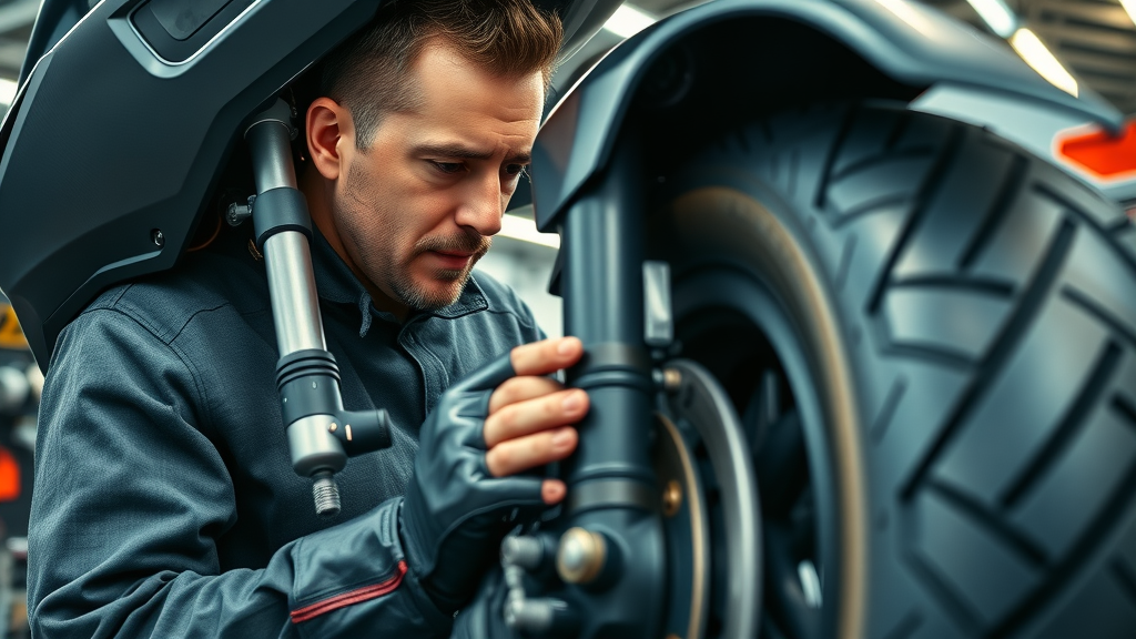 safety lane motorcycle inspection - mechanic checking motorcycle brake system and tire in northwest chicago suburbs