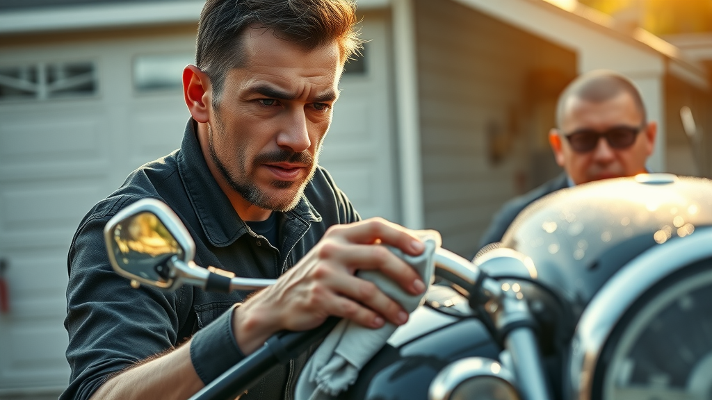 motorcycle safety inspection preparation - owner cleaning motorcycle before safety lane check in northwest chicago suburbs