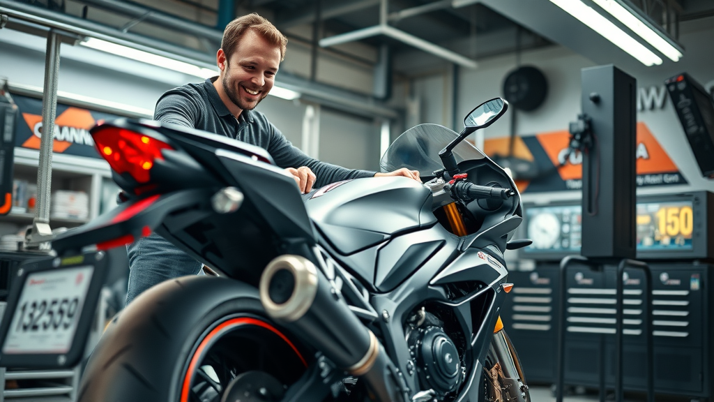 Dynamic motorcycle in a high-tech tuning shop, technician smiling confidently, examining control panel for motorcycle dyno tuning, modern garage with dyno machine
