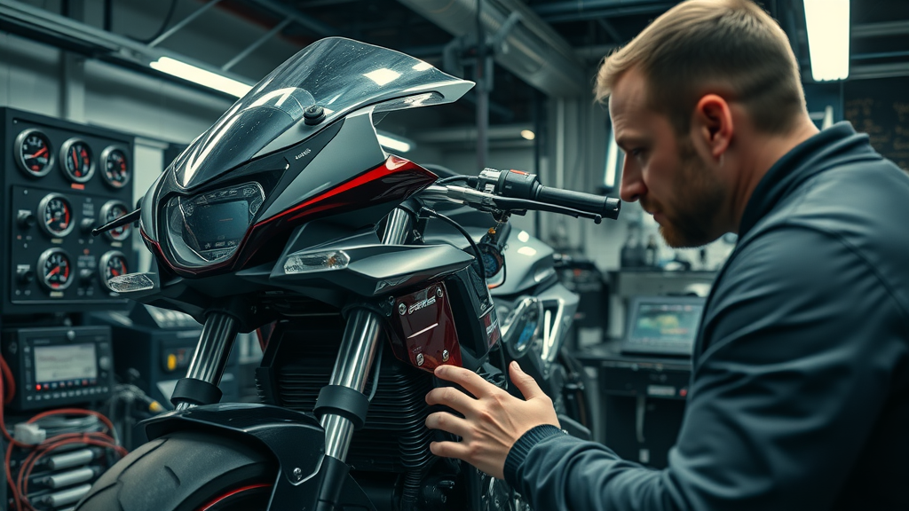 Cinematic view of a motorcycle strapped to a dynamometer, gauges displaying data for motorcycle dyno tuning