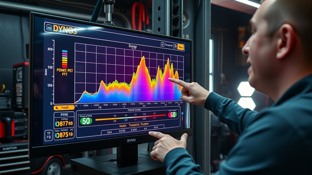 Colorful dyno tuning power graph on monitor, technician pointing to horsepower peak for motorcycle dyno tuning