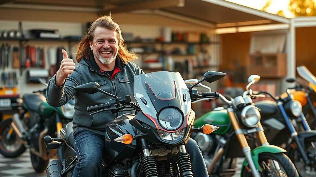 Thrilled motorcycle owner giving thumbs up with tuner beside tuned bike, before-and-after motorcycles behind them
