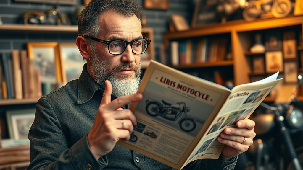 motorcycle enthusiast examines antique motorcycle brochure, antique motorcycle brands, collector studying vintage bike history