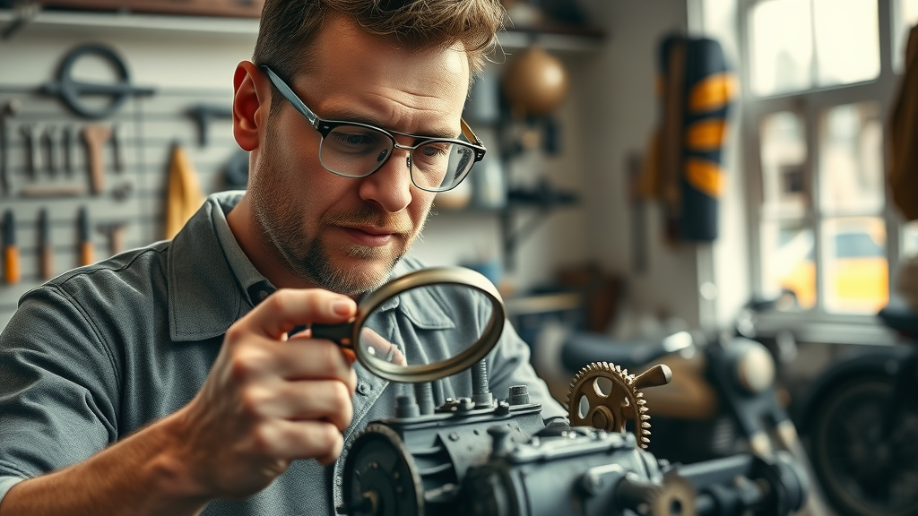 expert mechanic authenticating antique motorcycle engine, vintage motorcycle brands