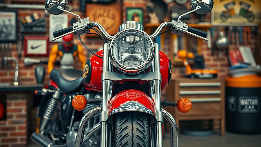 vintage motorcycle restoration shop gleaming chrome classic, vibrant restored vintage motorcycle front angle, brick workshop background, natural daylight, highly detailed, reflections on metal surfaces