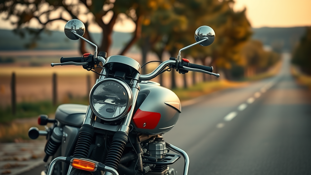 vintage motorcycle, elegant Moto Guzzi, nostalgic expression, scenic road, soft-focus countryside, realistic reflections on chrome