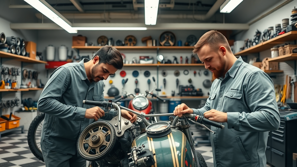 vintage motorcycle, modern restoration workshop, technicians examining vintage motorcycle parts, organized shop, spare parts on shelves, detailed environment