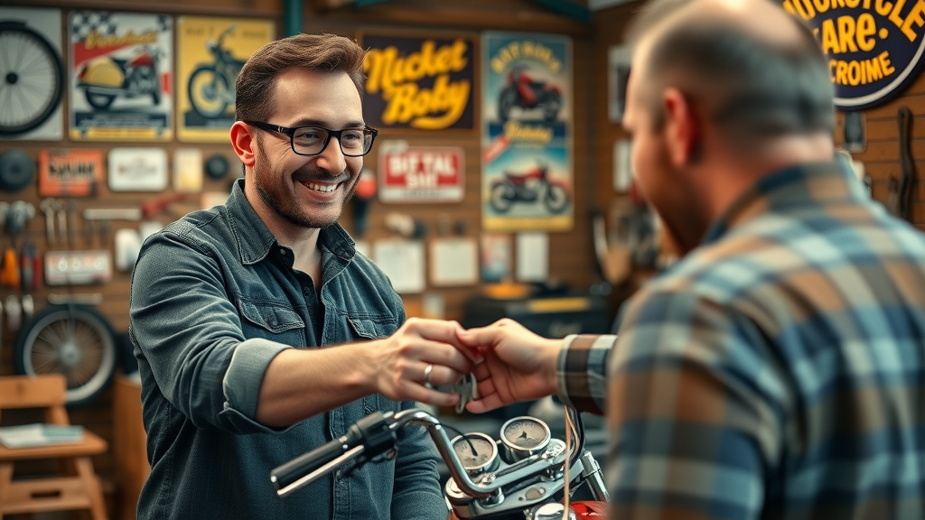 vintage motorcycle restoration, shop owner handing keys to satisfied customer, welcoming workshop, classic bike posters, detailed toolwalls