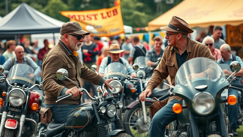 vintage motorcycles, classic motorcycle rally, owners in period-appropriate gear, festival background, restored motorcycles, energetic gathering