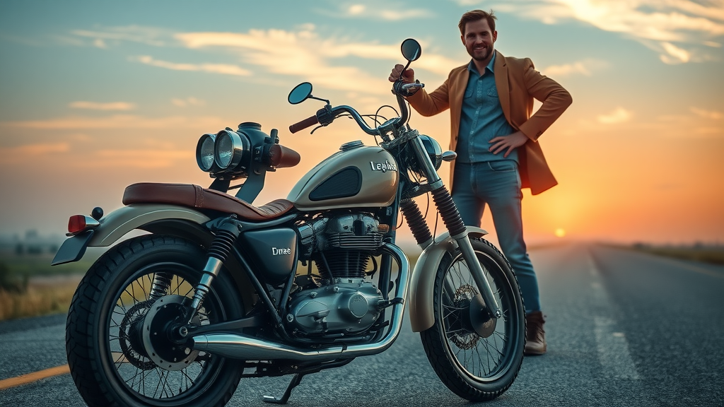 vintage motorcycle restoration, restored motorcycle ready for road, proud owner scenic open road, sunrise, highly detailed, rich blue and orange hues