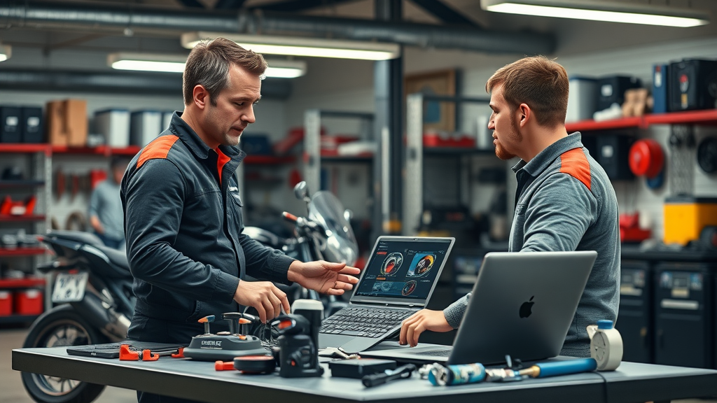 motorcycle engine tuning workshop with diagnostic tools