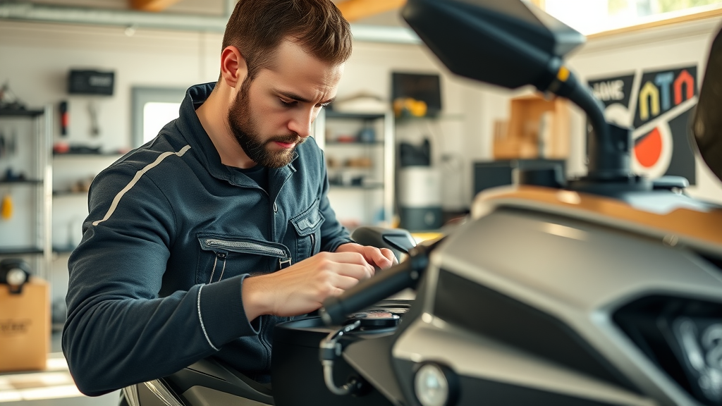 Motorcycle battery care spring routine, owner inspecting bike battery in a garage