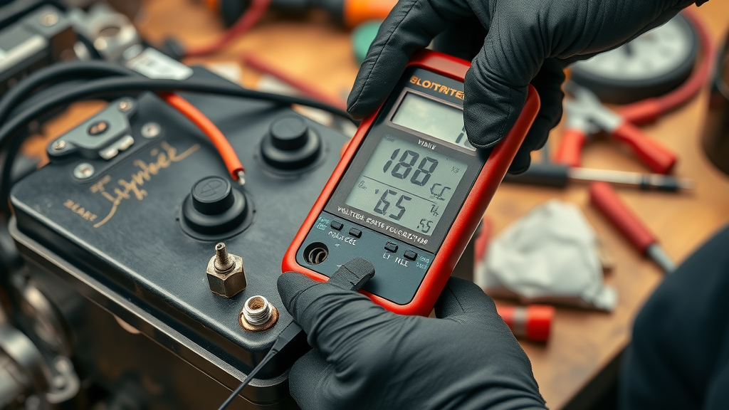 Inspecting motorcycle battery terminals with a multimeter during spring maintenance
