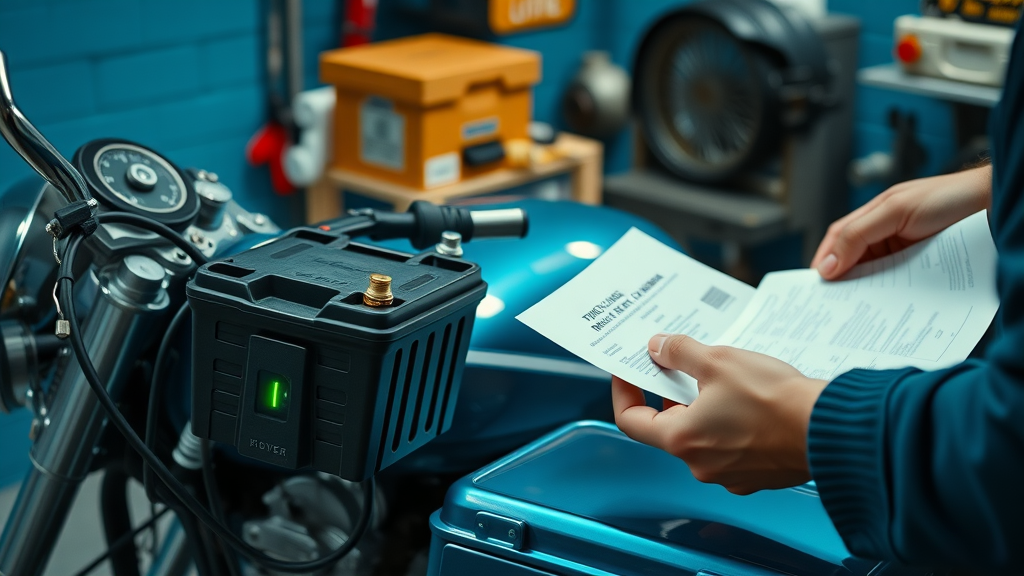 Trickle charger connected to motorcycle battery during spring setup