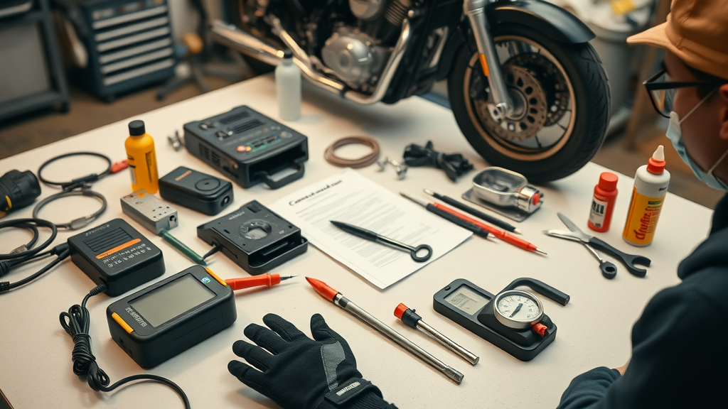 Spring motorcycle maintenance kit: trickle charger, multimeter, gloves, and checklist