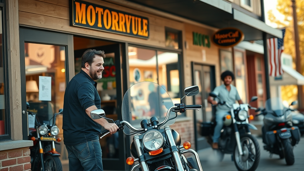 Affordable motorcycle repair in Woodstock IL shop exterior with friendly staff, Midwest small town background, motorcycles parked outside