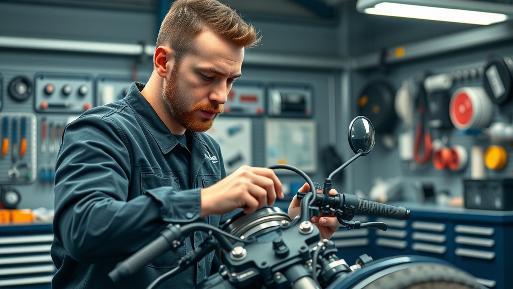 certified motorcycle technician adjusting bike engine in Woodstock IL modern workshop