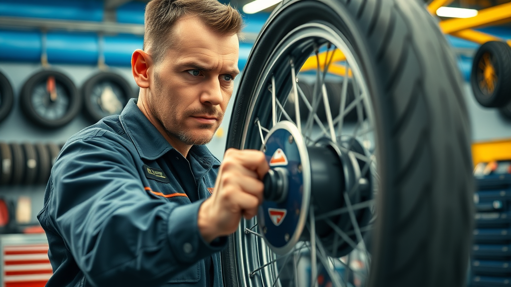 Woodstock IL mechanic balancing motorcycle tires in a bright shop